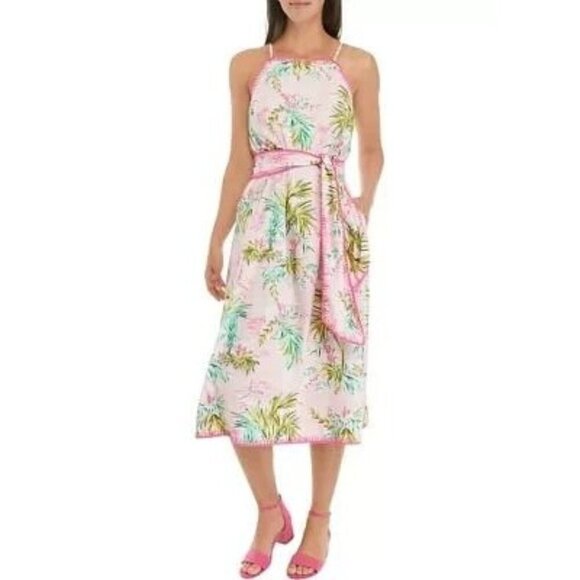 Crown & Ivy Tropical Palm Print Halter Dress With Tie Belt Small NWT - Picture 1 of 8